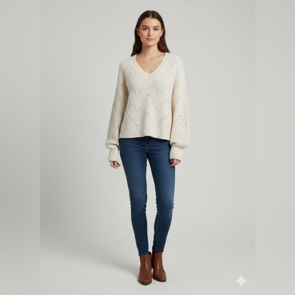 AE American Eagle Women’s X Small Cream Chenille Pointelle V-Neck Sweater Top XS